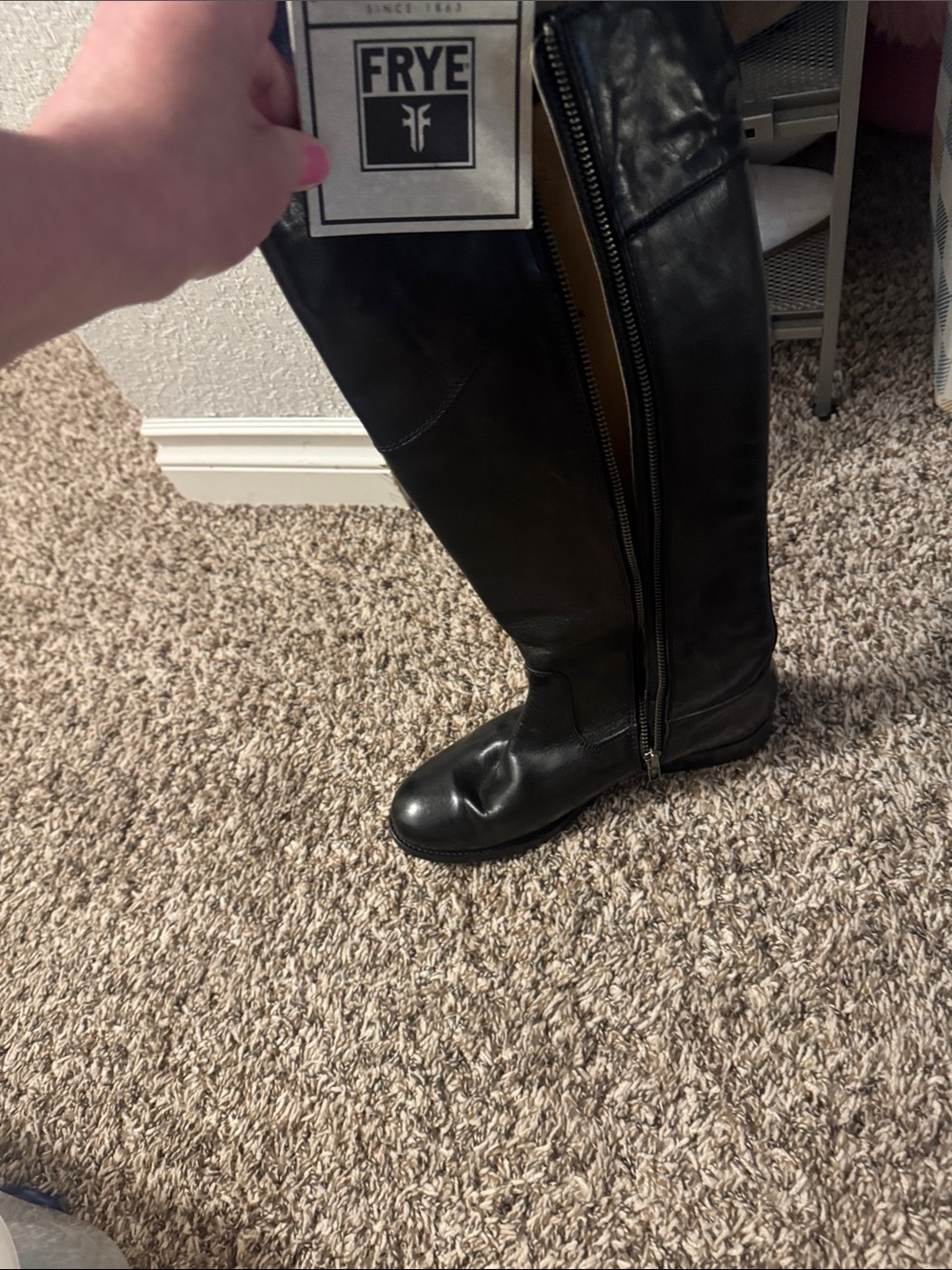 Frye Black Leather Knee-High Zip Riding Boots